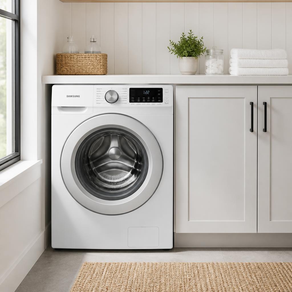 Front-load washing machine serviced in a clean laundry room